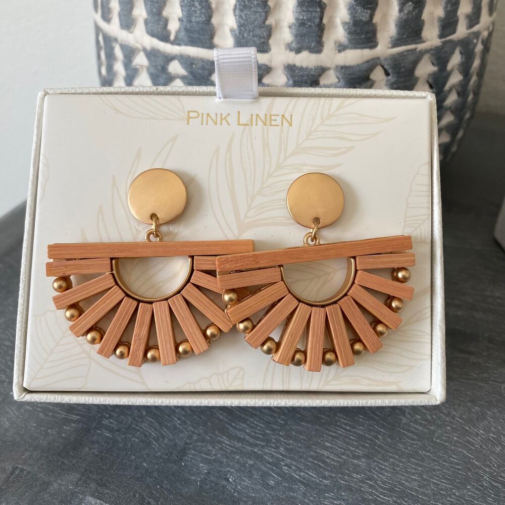 Pink Linen Boho Lightweight Wooden Half Circle Earrings NEW